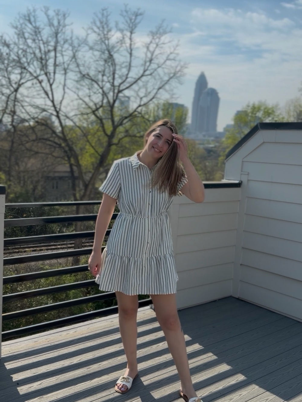 Cupshe White and Black Striped Short Sleeve Tiered Mini Dress
